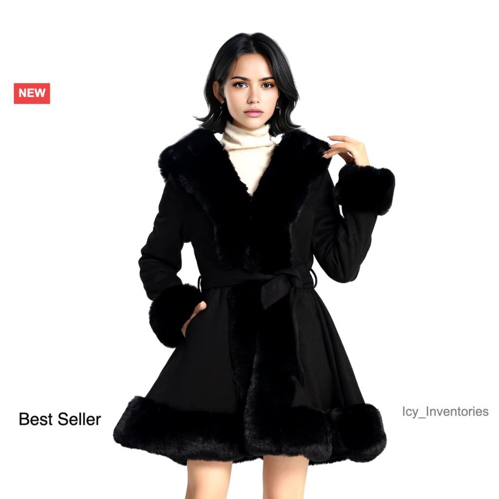 Faux Fur Leather Jacket Women Long Sleeve Peplum Parka Coat with Belt Chic
